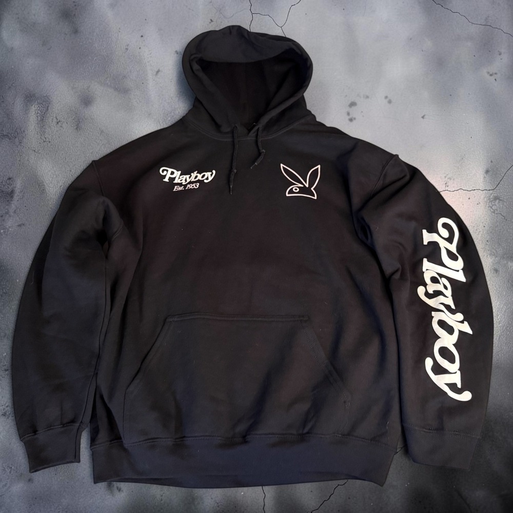 Playboy Est 1953 Graphic Hoodie Black Rabbit Logo Pullover Sweatshirt Mens L